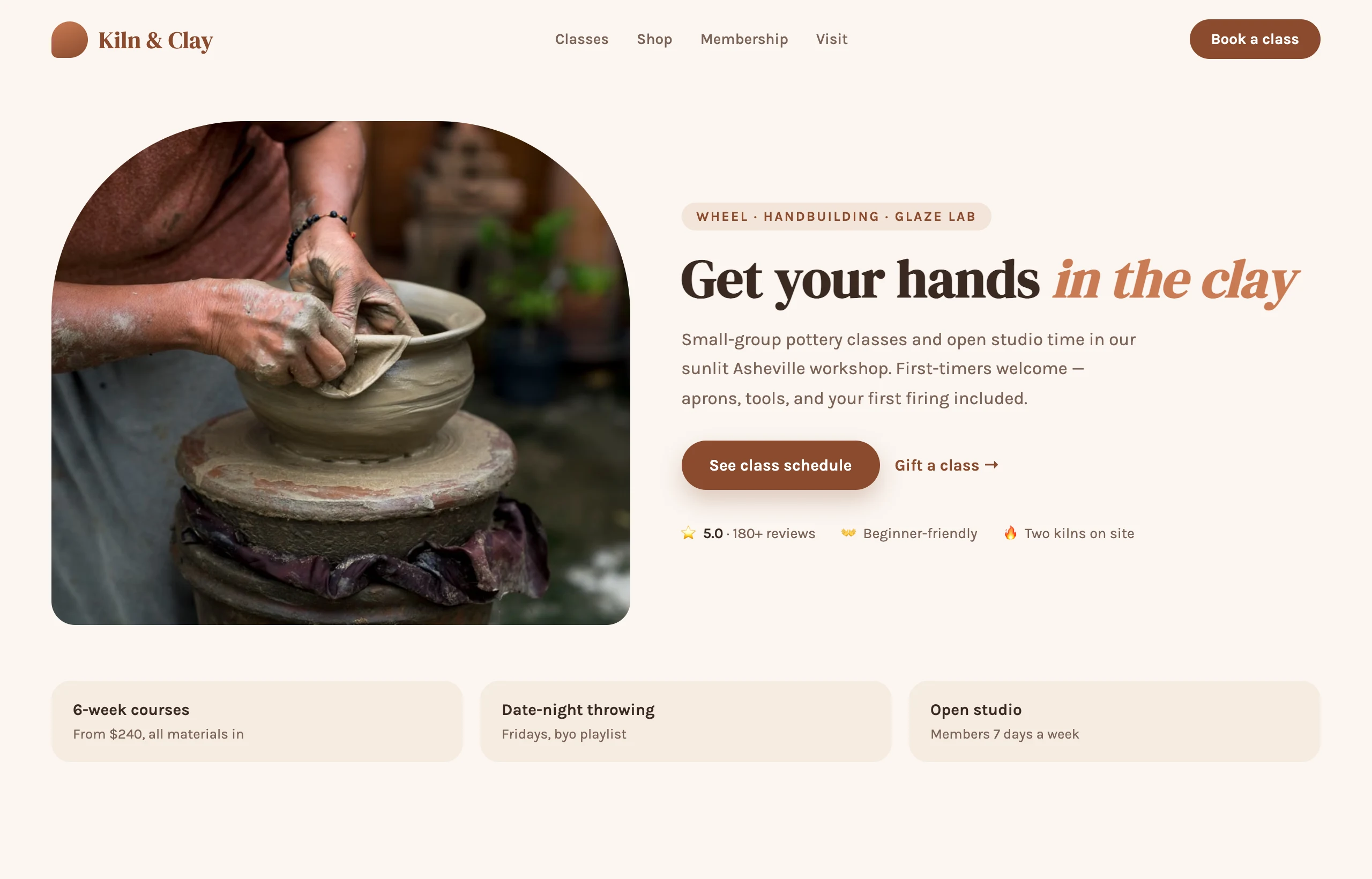 A pottery studio website built with Moderoo, shown in a browser window